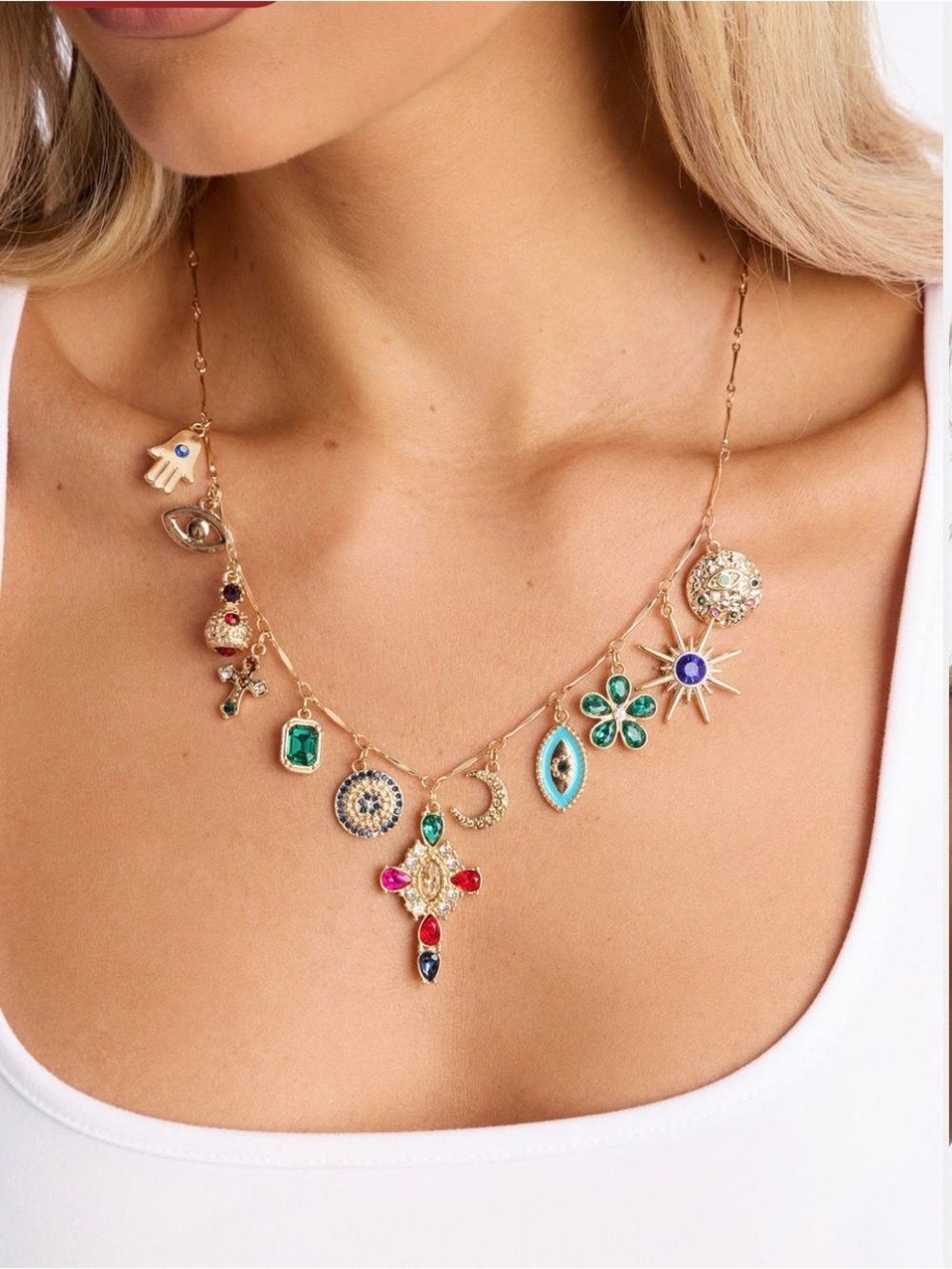 Gold Multi-Charm Gemstone Necklace - Women Jewelry